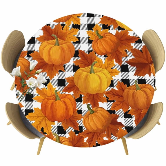 Orange Fall Round Tablecloth, Fitted Table Cover with Elastic for 36"-44" Round Tables, Pumpkins Thanksgiving Maple Leaf Plaid Table Cloth Outdoor Indoor Dinning Party Waterproof Tablecloths