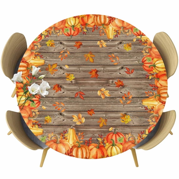 Orange Fall Round Tablecloth, Fitted Table Cover with Elastic for 36"-44" Round Tables, Retro Maple Leaf Pumpkins Thanksgiving Table Cloth Outdoor Indoor Dinning Party Waterproof Tablecloths