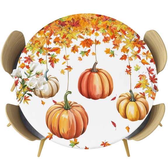 Orange Fall Round Tablecloth, Fitted Table Cover with Elastic for 36"-44" Round Tables, Thanksgiving Pumpkins Maple Leaf Branch Table Cloth Outdoor Indoor Dinning Party Waterproof Tablecloths