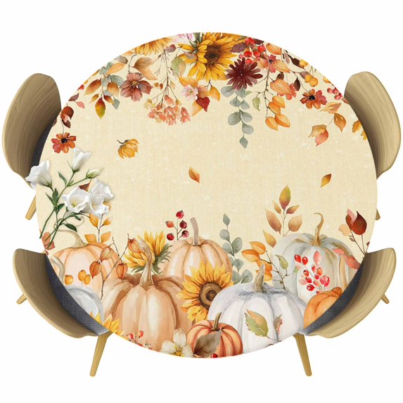 Orange Fall Round Tablecloth, Fitted Table Cover with Elastic for 36"-44" Round Tables, Thanksgiving Pumpkins Sunflower Yellow Table Cloth Outdoor Indoor Dinning Party Waterproof Tablecloths