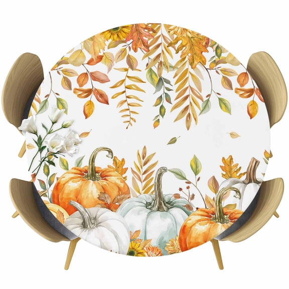 Orange Fall Round Tablecloth, Fitted Table Cover with Elastic for 36"-44" Round Tables, Thanksgiving Weeping Maple Leaf Pumpkins Table Cloth Outdoor Indoor Dinning Party Waterproof Tablecloths
