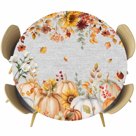 Orange Fall Round Tablecloth, Fitted Table Cover with Elastic for 45"-54" Round Tables, Thanksgiving Pumpkins Sunflower Grey Table Cloth Outdoor Indoor Dinning Party Waterproof Tablecloths