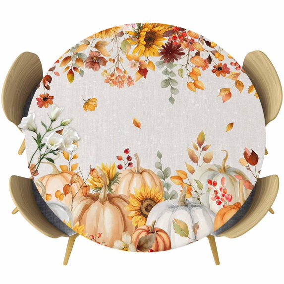 Orange Fall Round Tablecloth, Fitted Table Cover with Elastic for 45"-54" Round Tables, Thanksgiving Pumpkins Sunflower Rustic Table Cloth Outdoor Indoor Dinning Party Waterproof Tablecloths