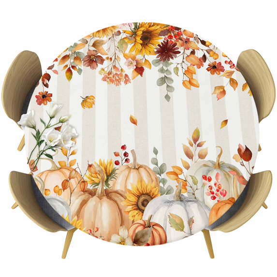 Orange Fall Round Tablecloth, Fitted Table Cover with Elastic for 45"-54" Round Tables, Thanksgiving Pumpkins Sunflower Striped Table Cloth Outdoor Indoor Dinning Party Waterproof Tablecloths