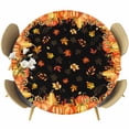 thumbnail image 1 of Orange Fall Round Tablecloth, Fitted Table Cover with Elastic for 55"-60" Round Tables, Black Maple Leaf Pumpkins Thanksgiving Table Cloth Outdoor Indoor Dinning Party Waterproof Tablecloths, 1 of 7