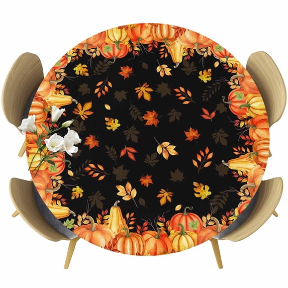 Orange Fall Round Tablecloth, Fitted Table Cover with Elastic for 55"-60" Round Tables, Black Maple Leaf Pumpkins Thanksgiving Table Cloth Outdoor Indoor Dinning Party Waterproof Tablecloths