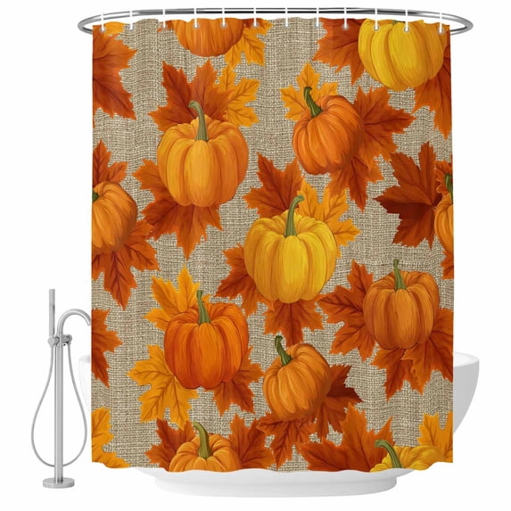 Orange Fall Shower Curtain, Waterproof Shower Curtains for Bathroom, Pumpkins Thanksgiving Maple Leaf Rustic Washable Fabric Bathtub Curtain Set Bath Decor with 12 Hooks Long 72"x84"