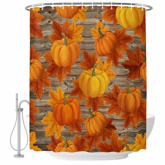 Orange Fall Shower Curtain, Waterproof Shower Curtains for Bathroom, Pumpkins Thanksgiving Maple Leaf Washable Fabric Bathtub Curtain Set Bath Decor with 12 Hooks Standard 72"x72"