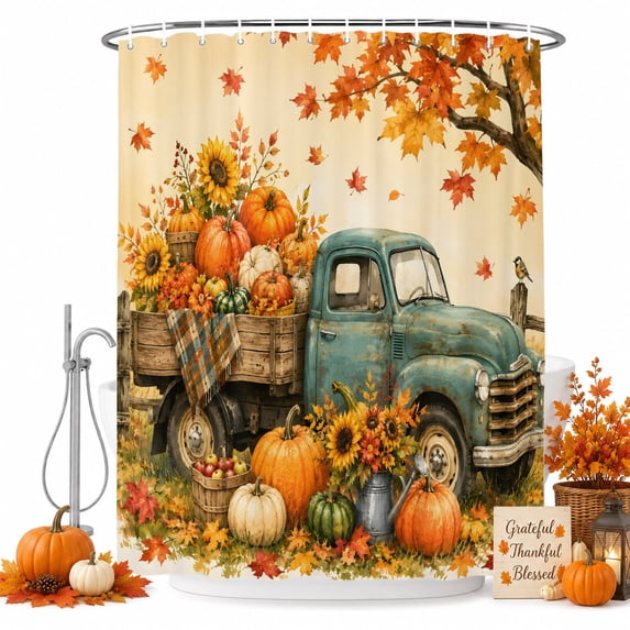 Orange Fall Shower Curtain, Waterproof Shower Curtains for Bathroom, Thanksgiving Pumpkins on Truck Maple Leaves Washable Fabric Bathtub Curtain Set Bath Decor with 12 Hooks Standard 72"x72"