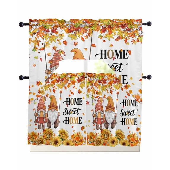 Orange Fall Swag Curtains for Living Room/Bedroom Windows, Thanksgiving Gnomes Maple Leaf Sunflower Kitchen Curtains and Valances Set 36 Inch Length, Light Filtering Swags Valance Curtain Panels