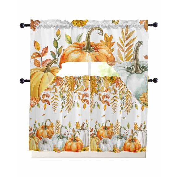 Orange Fall Swag Curtains for Living Room/Bedroom Windows, Thanksgiving Weeping Maple Leaf Pumpkins Kitchen Curtains and Valances Set 36 Inch Length, Light Filtering Swags Valance Curtain Panels