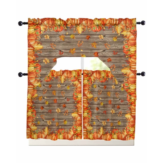 Orange Fall Swag Kitchen Curtains Sets for Windows 24 Inch Length, Retro Maple Leaf Pumpkins Thanksgiving Short Window Curtain Panels Swags Valances and Tiers 3 Piece Set for Cafe/Dining Room