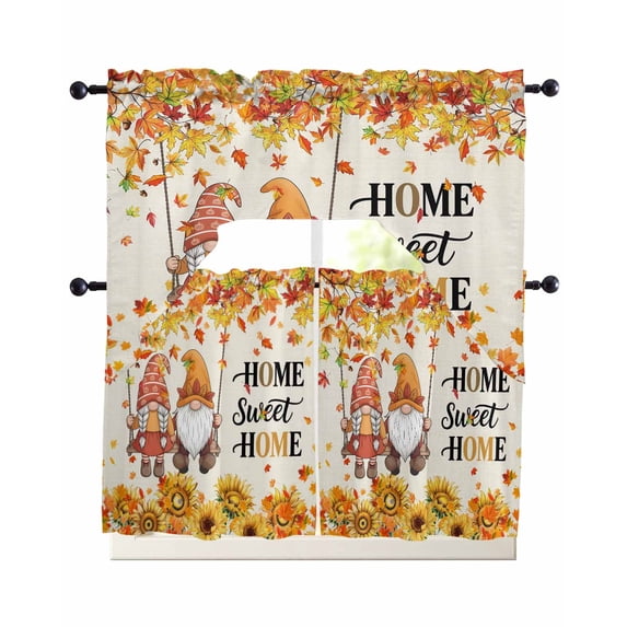 Orange Fall Swag Kitchen Curtains Sets for Windows 24 Inch Length, Thanksgiving Gnomes Maple Leaf Sunflower Rustic Short Window Curtain Swags Valances and Tiers 3 Piece Set for Cafe/Dining Room