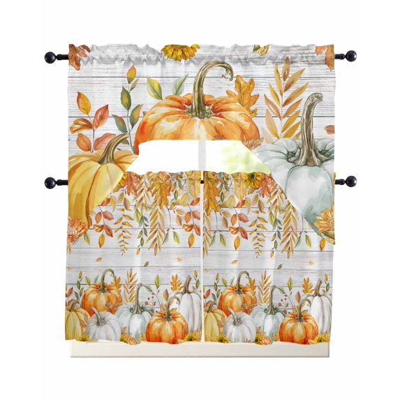 Orange Fall Swag Kitchen Curtains Sets for Windows 24 Inch Length, Thanksgiving Pumpkins Weeping Maple Leaf Vintage Short Window Curtain Swags Valances and Tiers 3 Piece Set for Cafe/Dining Room