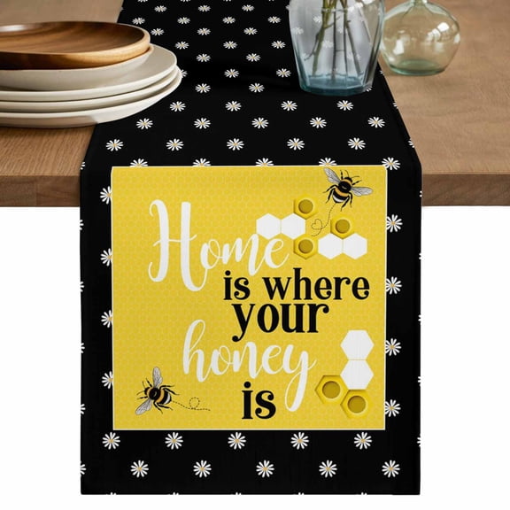Yellow Bees Table Runner 48 Inches, Spring Summer Watercolor Honey Textured Bed Runner Dresser Scarves Tabletop for Indoor Outdoor Parties/Ceremony/Banquet, 13" x 48"