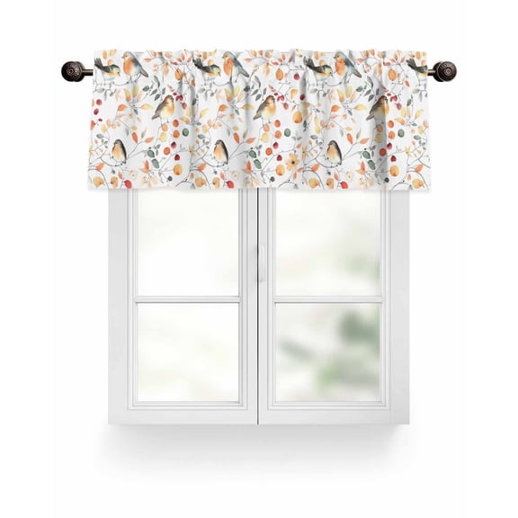 Orange Fall Thanksgiving Kitchen Valances for Windows Autumn Bird Leaf Floral Valance Curtains for Kitchen /Living Room/Bedroom/ Bathroom Decor, 54"x18 " ,Rod Pocket 1 Panel, White