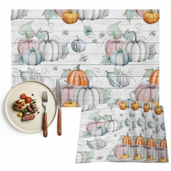Orange Fall Thanksgiving Pumpkin Placemat of 1 PC, Vintage White Wood Textured Table Mats Washable Heat-Insulation Non-Slip Place Mats for Kitchen Dinner Table Indoor Outdoor Decor,13x19 Inch