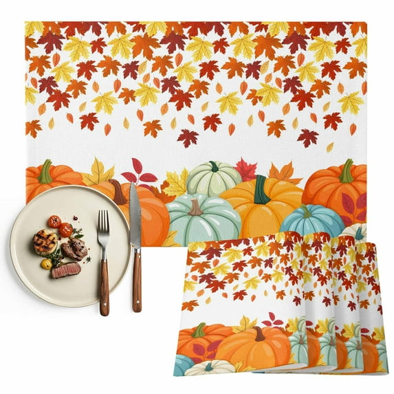 Orange Fall Thanksgiving Pumpkin Placemats Set of 4, Retro Autumn Maple Leaf Table Mats Washable Heat-Insulation Non-Slip Place Mats for Kitchen Dinner Table Indoor Outdoor Decor,13x19 Inch White