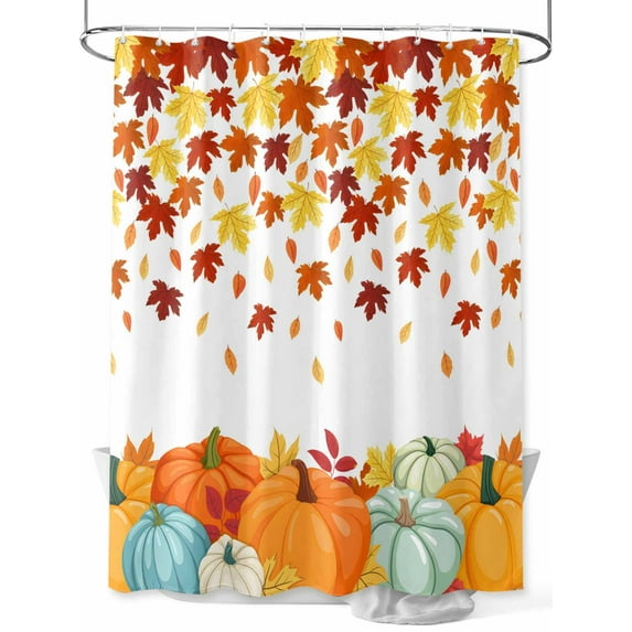 Orange Fall Thanksgiving Pumpkin Shower Curtain, Retro Autumn Maple Leaf Bathroom Decor Curtains Set with Hooks, White Waterproof Fabric Home Accessories, 60 X 72 Inch Long