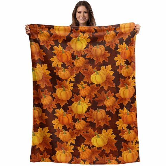 Orange Fall Thanksgiving Throw Blankets, Autumn Pumpkins Maple Leaf Brown Soft Fleece Blanket Decorative for Home Sofa Couch Chair Living Bedroom, 60x80 inches,