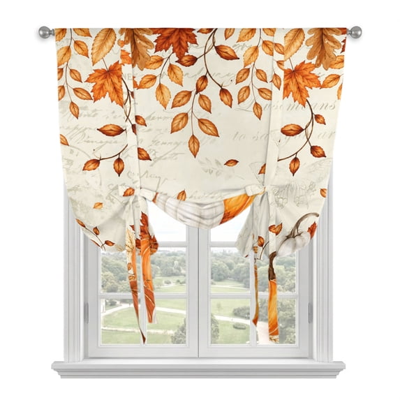 Orange Fall Tie Up Curtains 45 Inches Long, Kitchen Window Curtains Over Sink, Pumpkin Thanksgiving Maple Leaf Botanical Small Window Curtains Shade Balloon Curtains Valances for Bedroom/Cafe 34"x45"