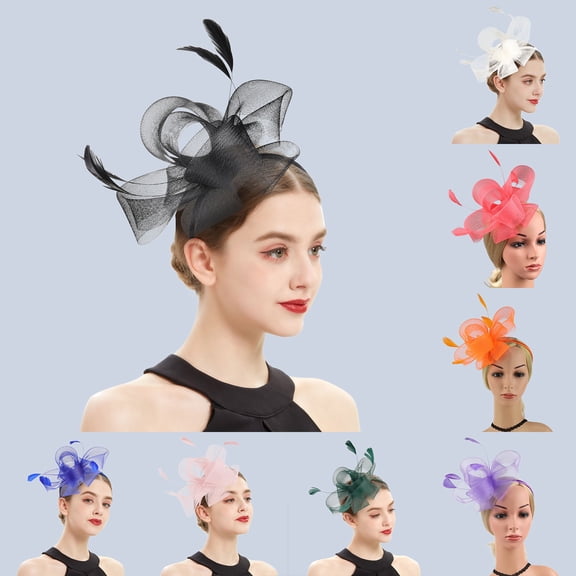 Orange Fascinators Hat gauze Tea Party Feather Flower Headwear Ribbon Mesh Veil Headband Hair Clip for Wedding Cocktail One Size