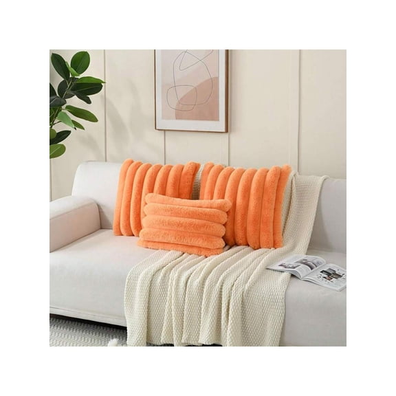 Orange Faux Fur Vertical Ribbed Bolster Pillow Cover, Soft Decorative Lumbar Sham For Sofa