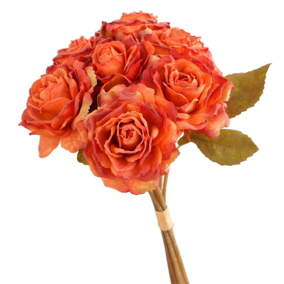 Orange Faux Rose Bouquet, 7 Stem Artificial Flowers with Red Tipped Burnt Edge Petals and for Fall Wedding Centerpieces, Home Vase Decor