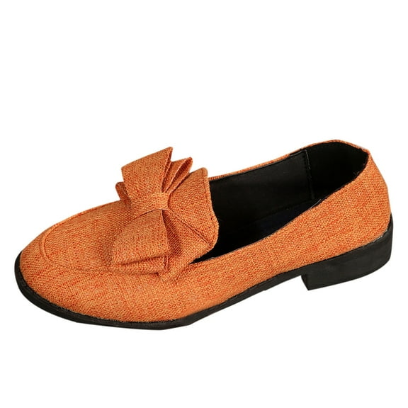 Orange Female Elegant Bow Round Toe Shallow Mouth Loafers Low Heels For Daily Activities