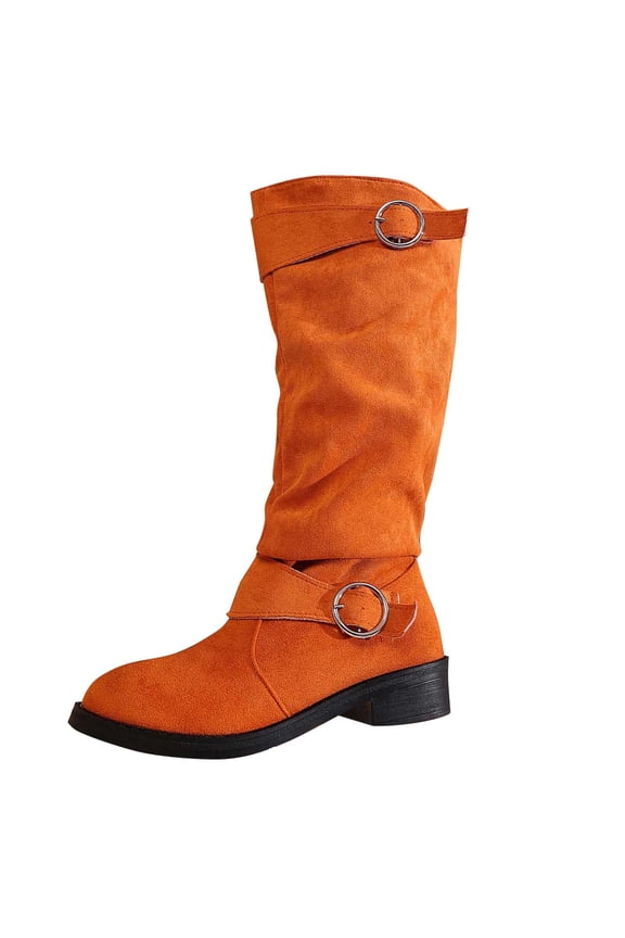 Orange Female Stacking Boots With Suede And Belt Buckle For Warmth And Elevation Ideal For Winter