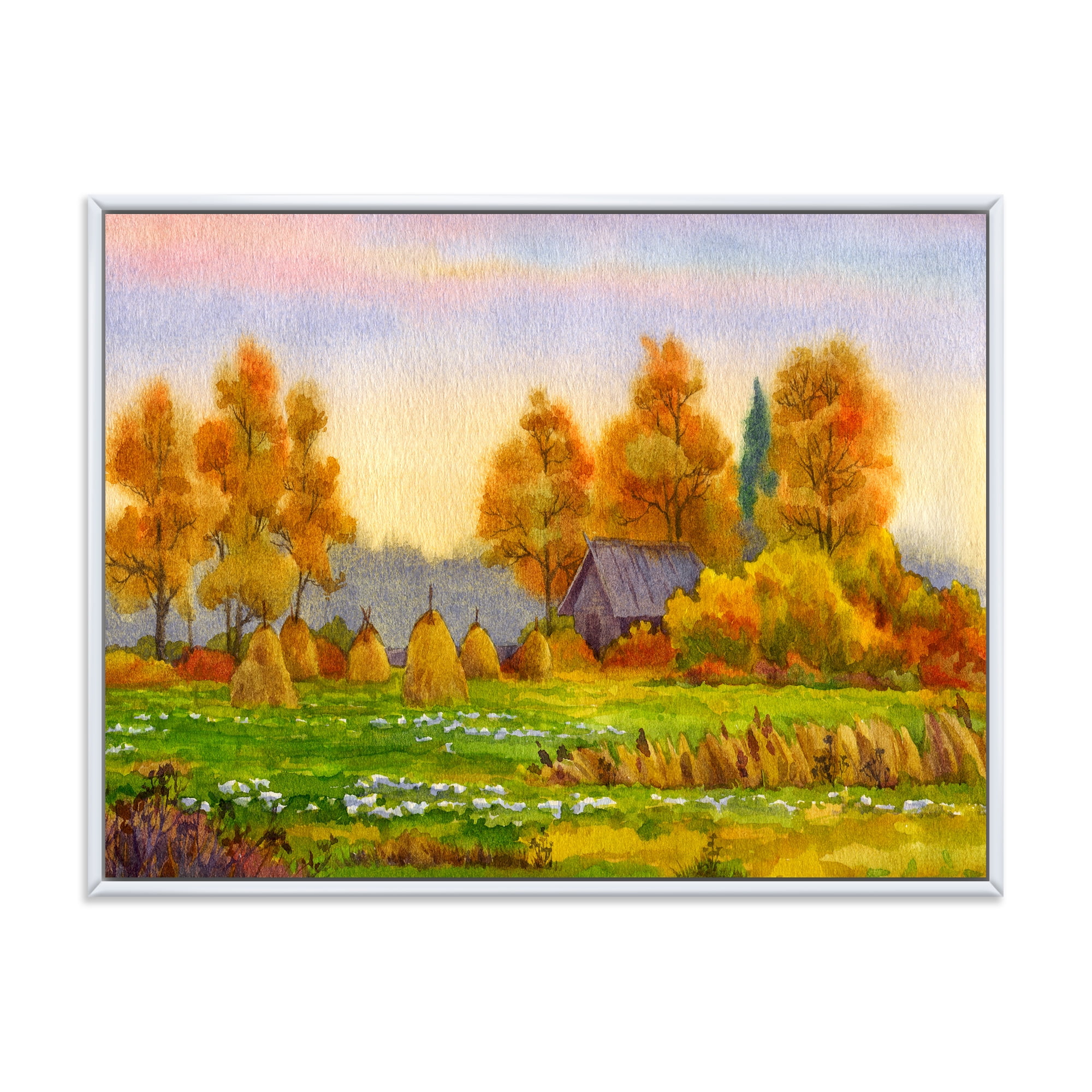 Orange Fields With Haystacks I 40 in x 30 in Framed Painting Canvas Art Print, by Designart