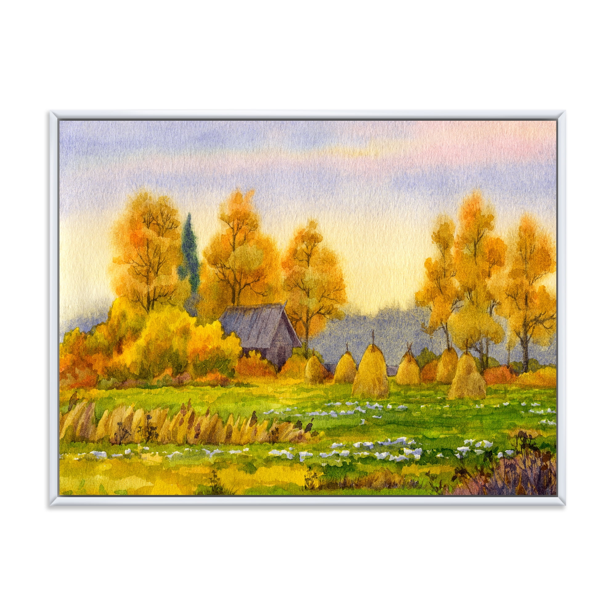 Orange Fields With Haystacks II 20 in x 12 in Framed Painting Canvas Art Print, by Designart
