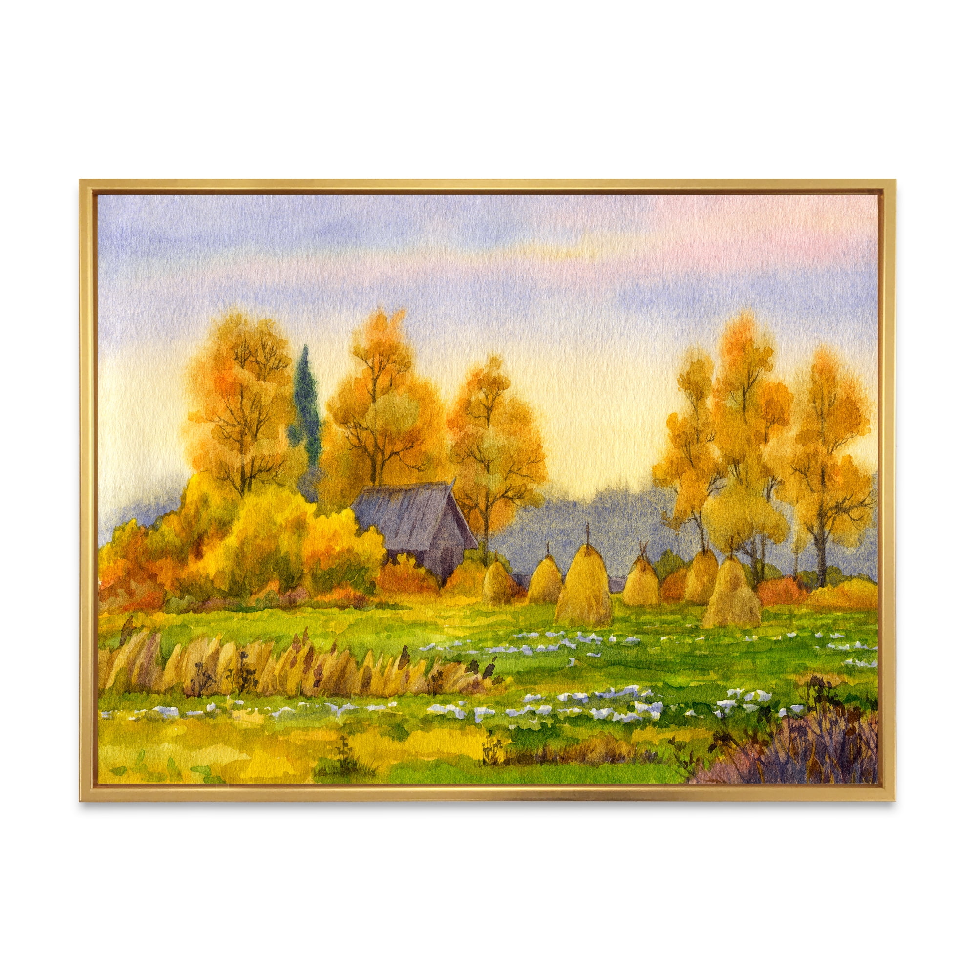 Orange Fields With Haystacks II 32 in x 16 in Framed Painting Canvas Art Print, by Designart