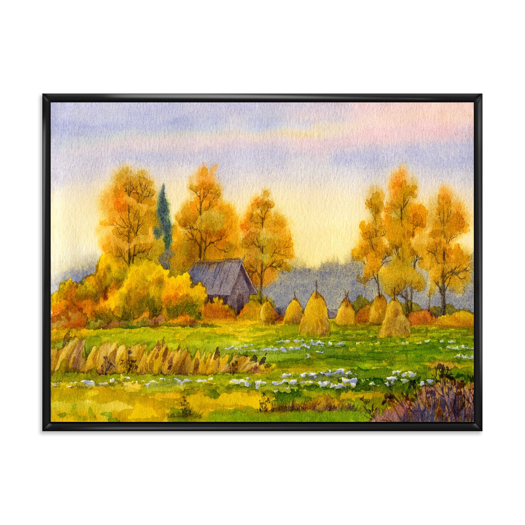 Orange Fields With Haystacks II 32 in x 24 in Framed Painting Canvas Art Print, by Designart