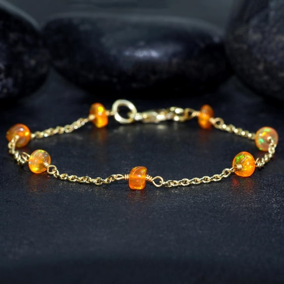 Orange Fire Ethiopian Opal 3.5-4mm Rondelle Shape Smooth Cut Beads 7 inch Silver Plated Clasp Bracelet for men, women, unisex. Link Chain Stacking Bracelet.|LINK_05225