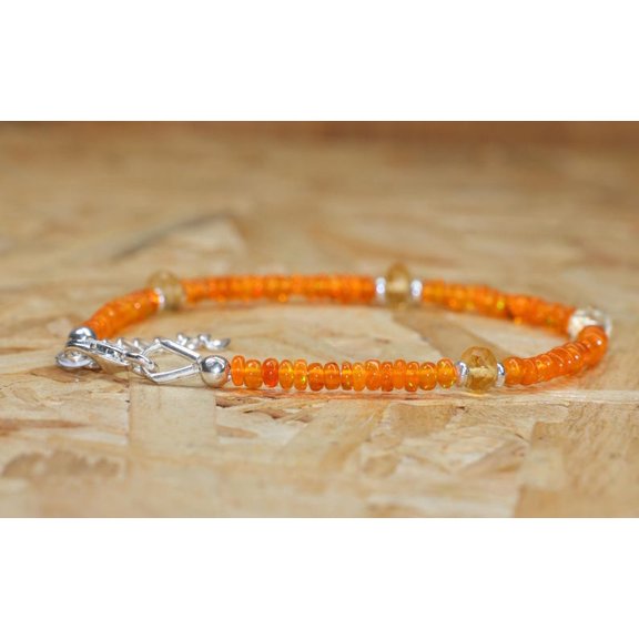 Orange Fire Ethiopian Opal 3mm Rondelle Shape Smooth Cut Beads 7 inch Adjustable Silver Plated Clasp Bracelet for men, women, unisex. Link Chain Stacking Bracelet.|LINK_05228