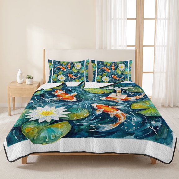 Orange Fish Scales Lotus Green Leaves 3 Pieces Quilt Set,1 Quilt with 2 Shams,Water Ripples Bedspread Soft Lightweight Bedding Coverlet Comforter Set for All Season 96"x106"