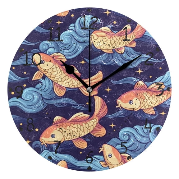 Orange Fish in Waves Round Wall Clock Silent Battery Operated Home Decor for Living Room Bedroom