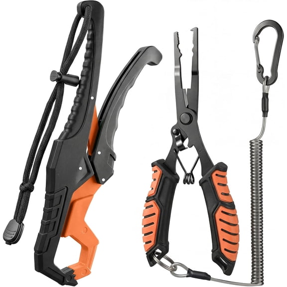 Orange Fishing Tools Kit, Stainless Steel Fishing Pliers 7 Inch & Fish Lip Gripper 9.5 Inch, Multi-Functional Anti-Corrosion Fishmen Tool for Freshwater Saltwater, Heavy Duty 55 lbs