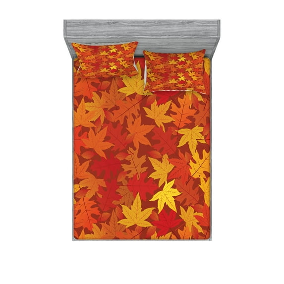 Orange Fitted Sheet & Pillow Sham Set, Colorful Autumn Fall Season Maple Leaves in Unusual Designs Nature Print, Decorative Printed 6 Piece Bedding Decor Set, Full, Burnt Orange, by Ambesonne