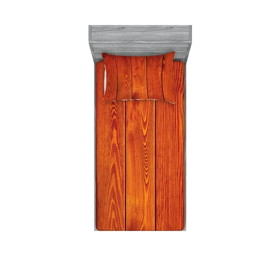 Orange Fitted Sheet & Pillow Sham Set, Wooden Rustic Texture Image with Natural Patterns Oak Timber Tree Floor Print, Decorative 4 Piece Bedding Decor Set, Twinxl, Orange Marigold, by Ambesonne