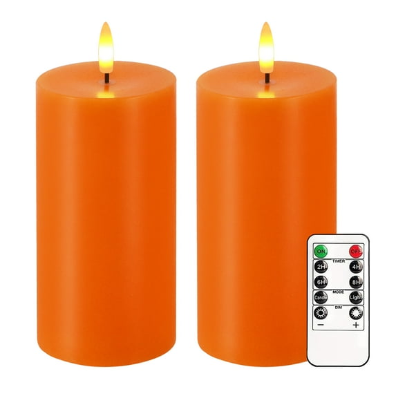 Orange Flameless Candles, Set of 2 6"x3" Flickering LED Candles with Remote & Timer, Dimmable Electric Pillar Candles Battery Operated, Candles Light for Fall Thanksgiving Halloween Decor