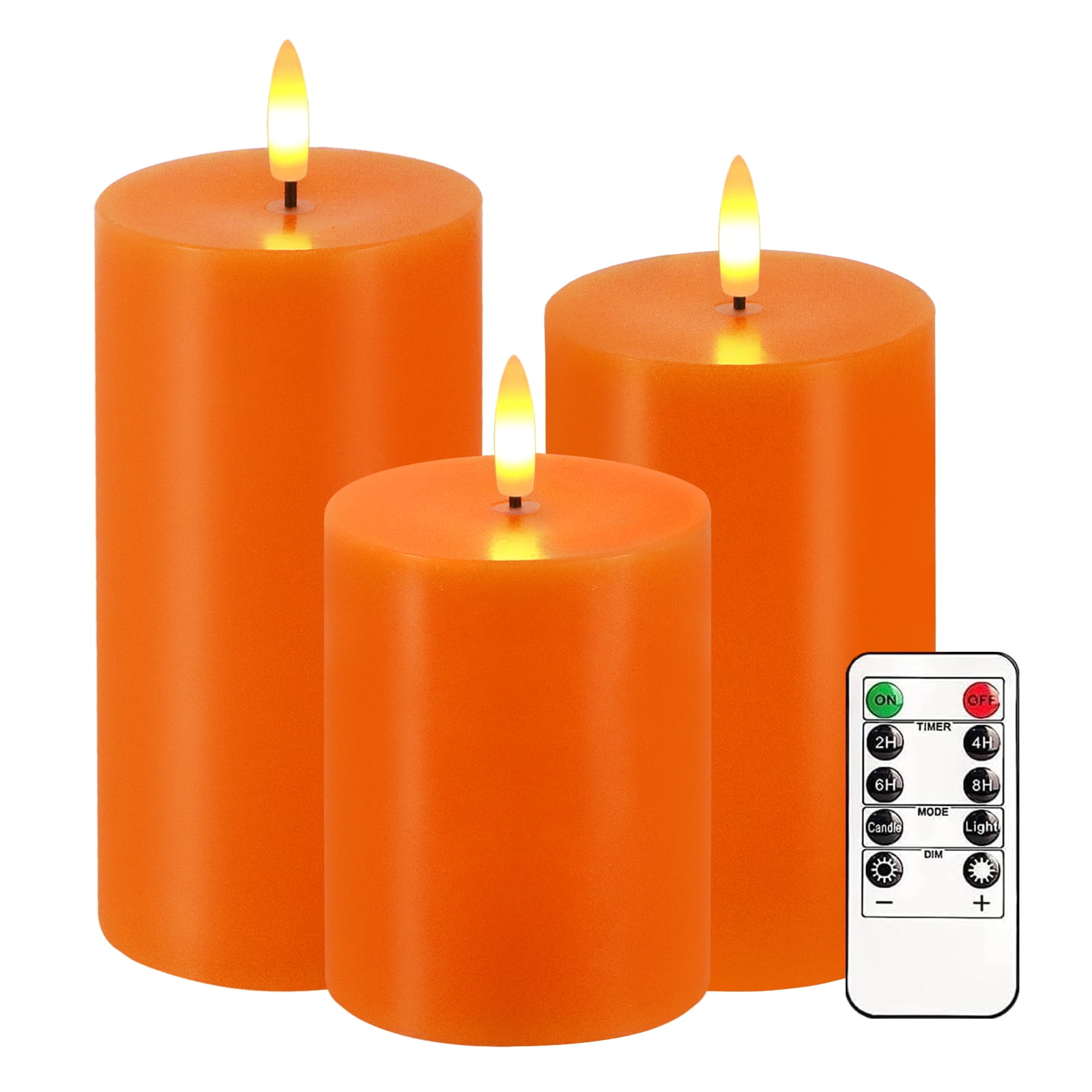 Orange Flameless Candles, Set of 3 Flickering LED Candles with Remote & Timer, Dimmable Real Wax Electric Pillar Candles Battery Operated, Orange Candles for Fall Thanksgiving Halloween Decor