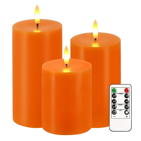 Orange Flameless Candles, Set of 3 Flickering LED Candles with Remote & Timer, Dimmable Real Wax Electric Pillar Candles Battery Operated, Orange Candles for Fall Thanksgiving Halloween Decor