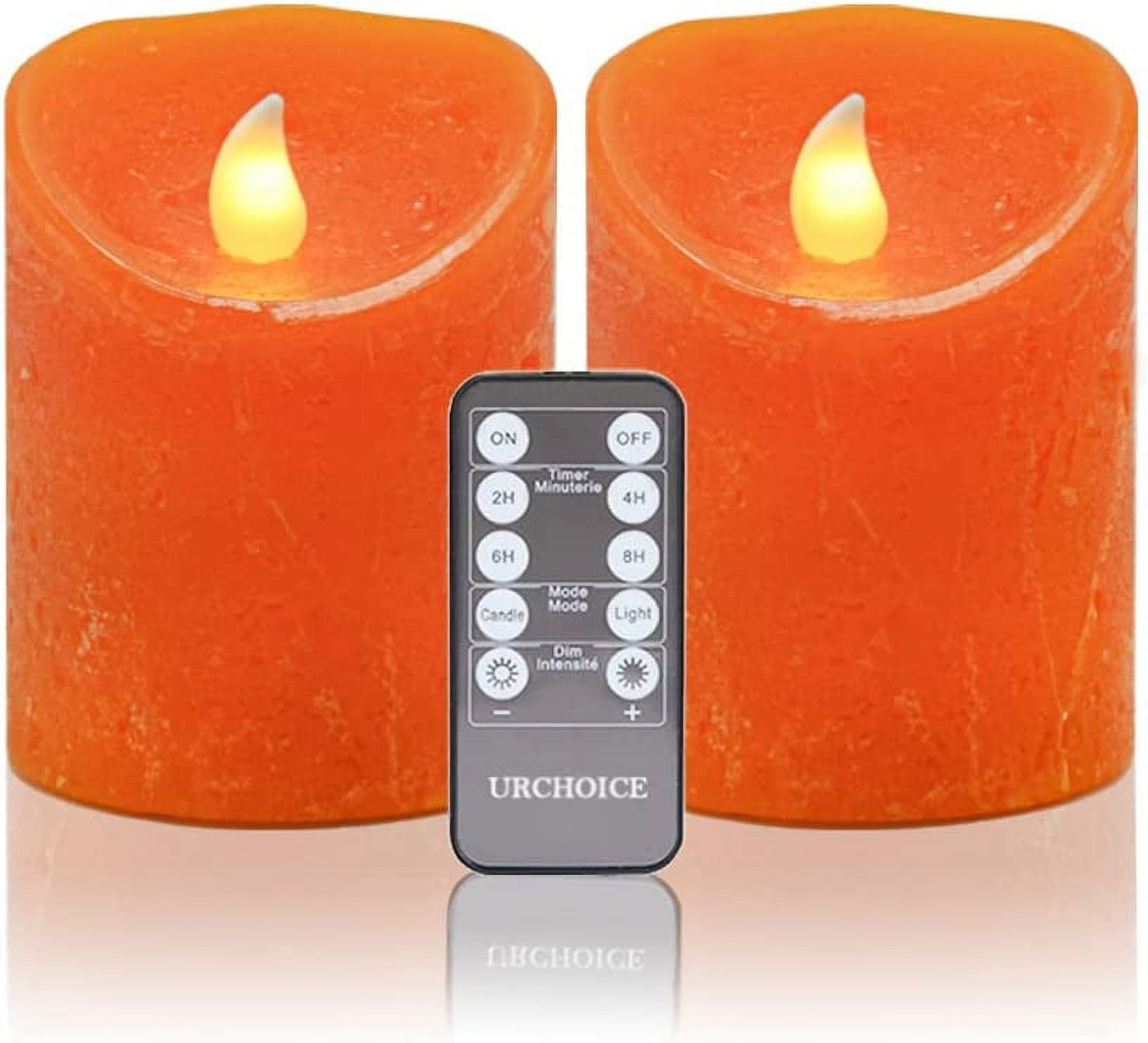 Orange Flameless Candles Set of 2 (D 3 x H 4) Real Wax Pillar LED