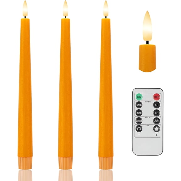 Orange Flameless Taper Candles, 9.6" Halloween Real Wax Fall Led Candle, Flickering Flameless Candlesticks for Fall, Thanksgiving, Harvest, Halloween Decor, 3 Pcs