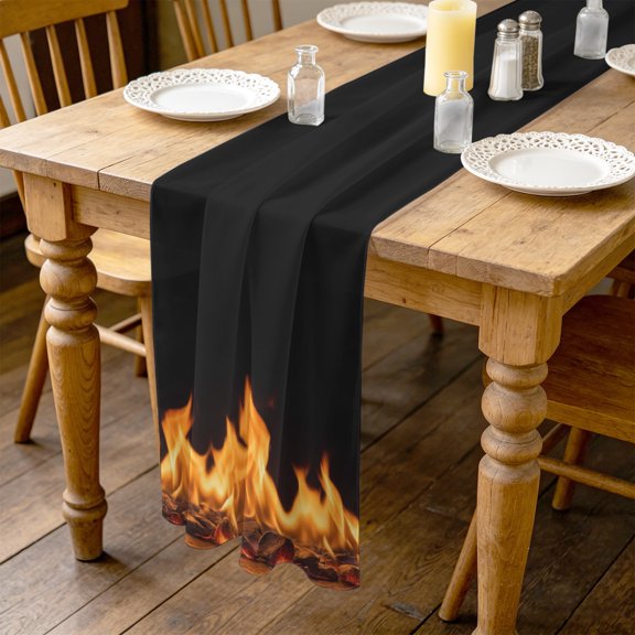 Orange Flames 4.5ft Cheesecloth Table Runner for Wedding 19"x55", Neon Style Black Background Kitchen Dinner Sheer Tulle Chiffon Dresser Scarf, Holiday Party Decorations