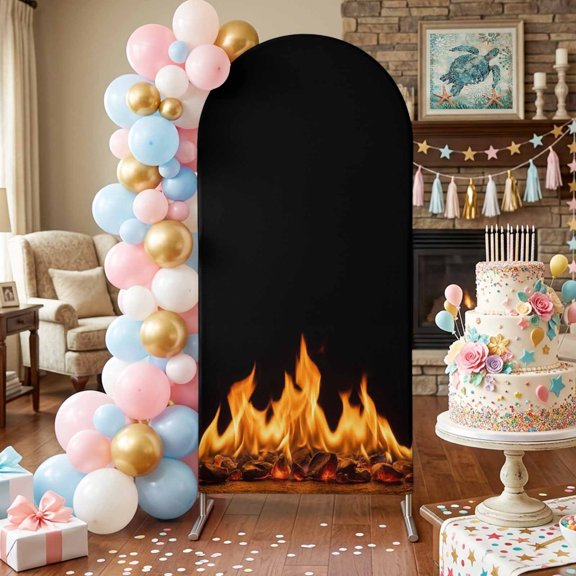 Orange Flames Arch Backdrop Covers 4 FT, Neon Style Black Background Stretchy Fitted Arched Stand Covers Party Arch Stand Cover Photo Booth for Wedding Birthday Decor