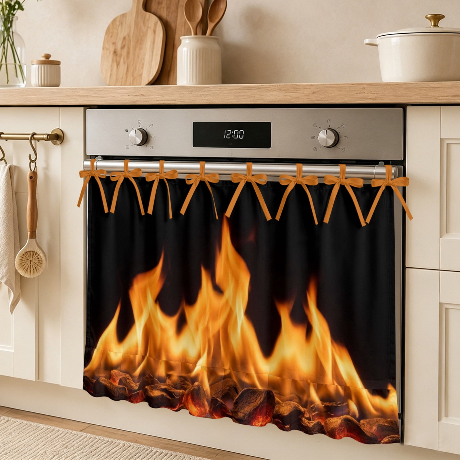 Orange Flames Oven Skirt Curtain Tie Top Neon Style Black Background ...