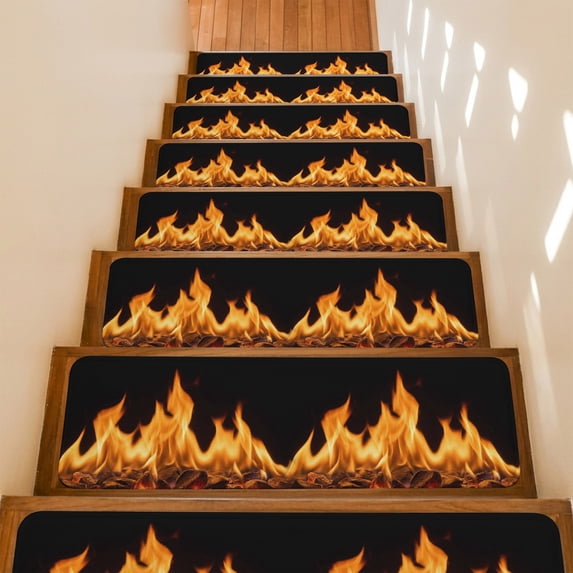 Orange Flames Stair Treads Non Slip for Steps Neon Style Black Background 10 Pcs Reusable Adhesive Stair Runner Mats for Dogs Elders Carpet Treads Rugs for Staircase 8x30 In